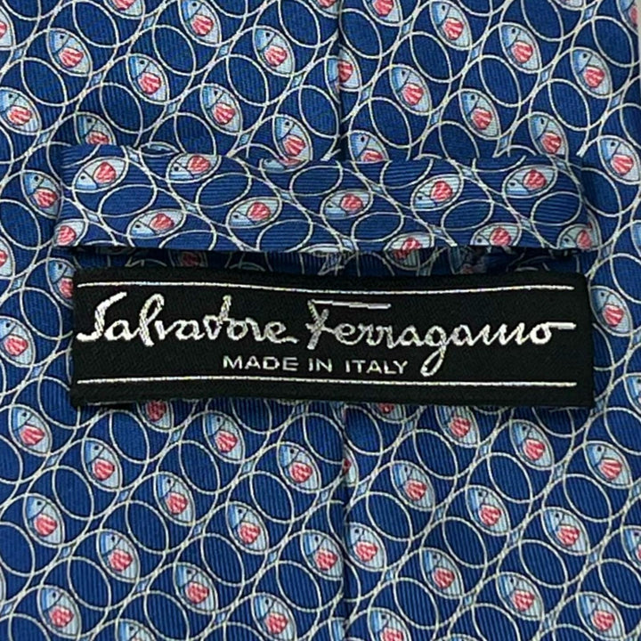 Pristine Salvatore Ferragamo tie Fish pattern blue silk mens