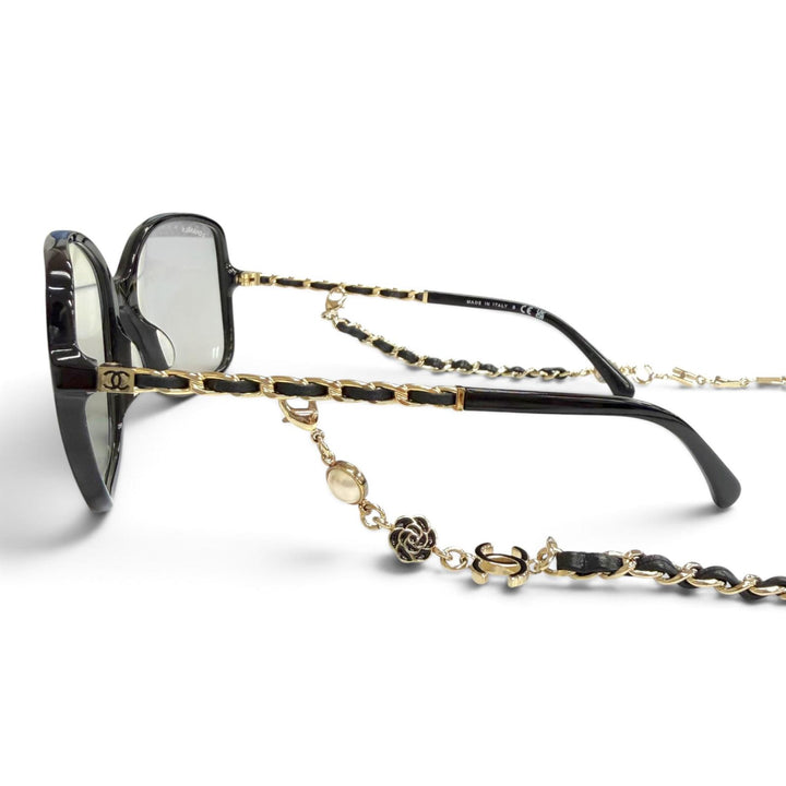 Excellent CHANEL COCO Mark Logo Eco Pearl Chain Square Sunglasses Eyewear 5210Q