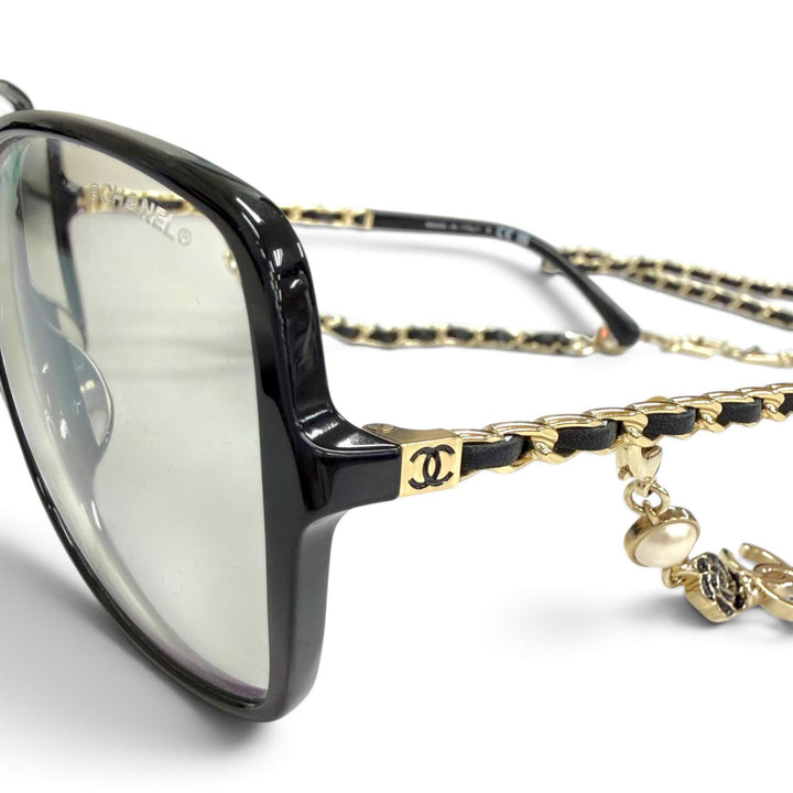 Excellent CHANEL COCO Mark Logo Eco Pearl Chain Square Sunglasses Eyewear 5210Q