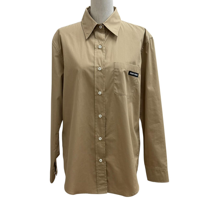Excellent MIUMIU Long sleeve shirt Plain with logo patch beige cotton 38 MK1727