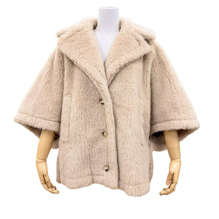 Excellent Max Mara Teddy bear Silk blend cape poncho beige alpaca 24147311416