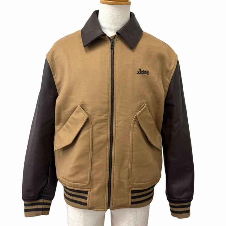 Excellent LOEWE Stajan Owl Varsity Jacket beige wool mens 46 H800Y02X26
