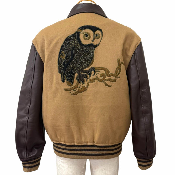 Excellent LOEWE Stajan Owl Varsity Jacket beige wool mens 46 H800Y02X26