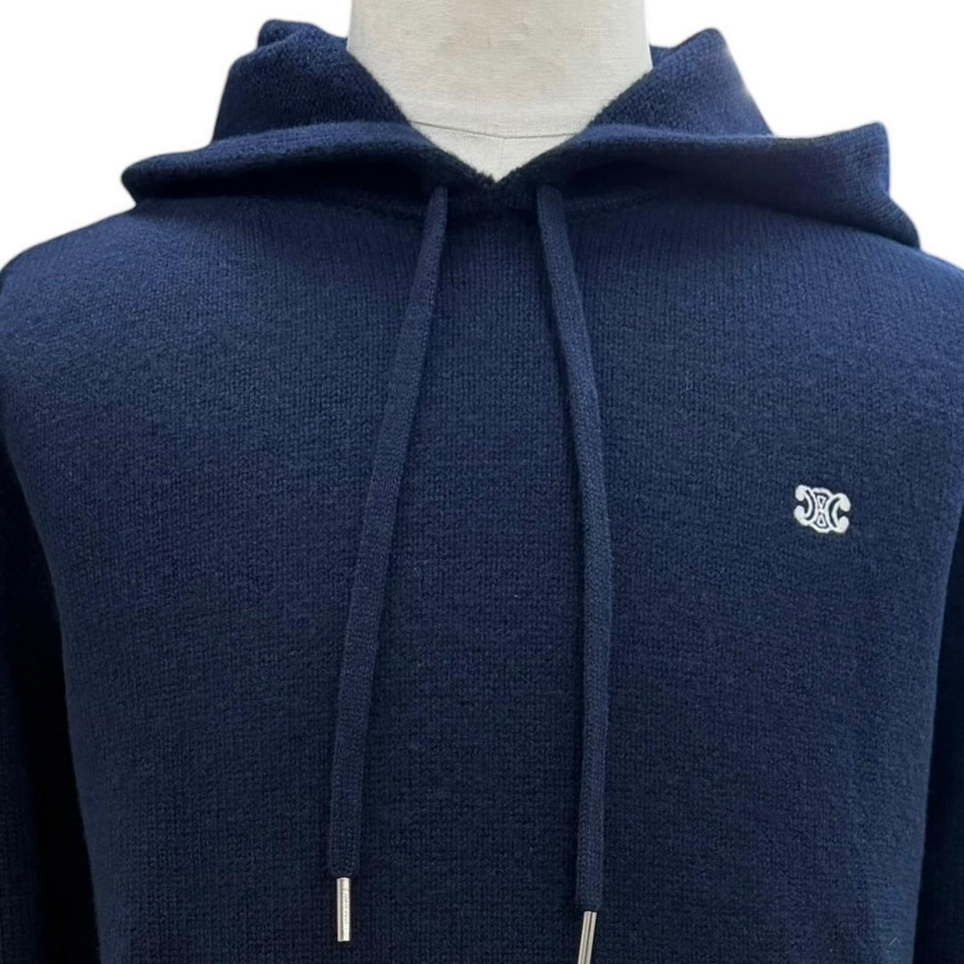 Excellent CELINE sweater Triomphe knit hoodie pullover Navy wool S 2AC87048T