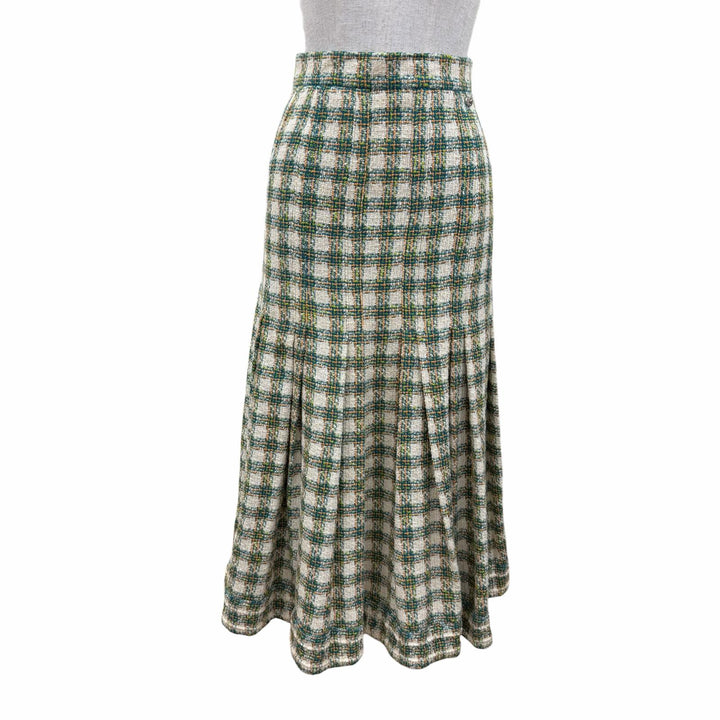 Excellent CHANEL Tweed skirt Linen blend COCO Button long jacket green 34 P53844