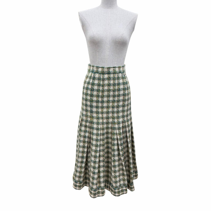 Excellent CHANEL Tweed skirt Linen blend COCO Button long jacket green 34 P53844