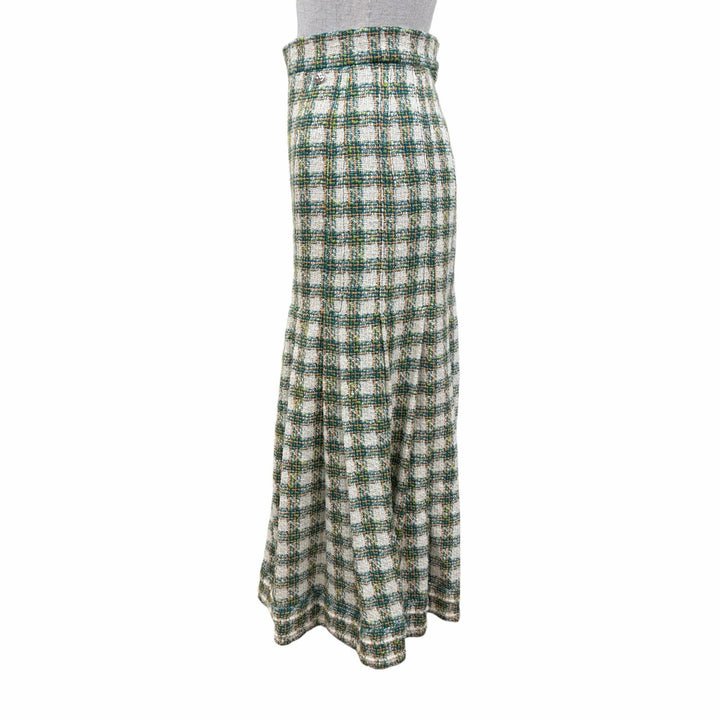 Excellent CHANEL Tweed skirt Linen blend COCO Button long jacket green 34 P53844