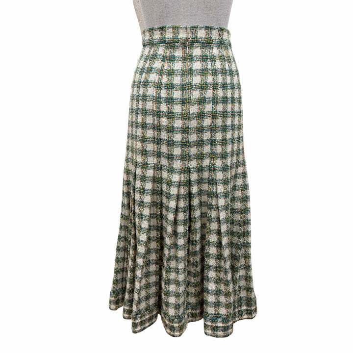 Excellent CHANEL Tweed skirt Linen blend COCO Button long jacket green 34 P53844