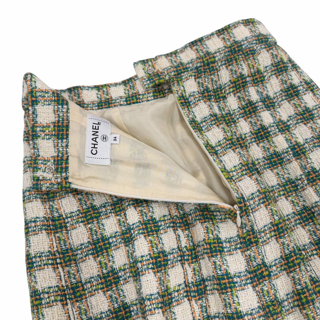 Excellent CHANEL Tweed skirt Linen blend COCO Button long jacket green 34 P53844