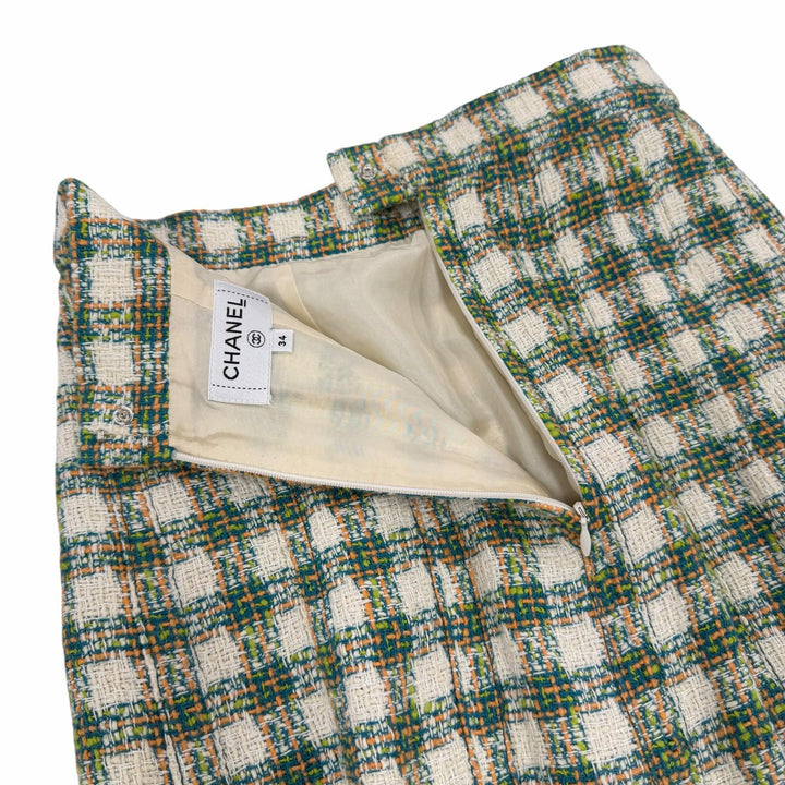 Excellent CHANEL Tweed skirt Linen blend COCO Button long jacket green 34 P53844
