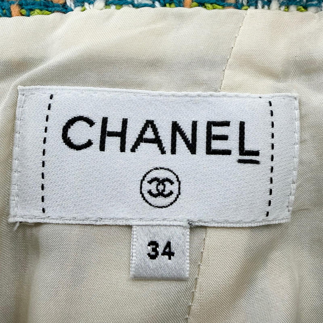 Excellent CHANEL Tweed skirt Linen blend COCO Button long jacket green 34 P53844