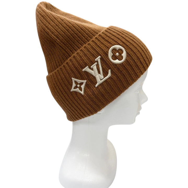 Excellent LOUIS VUITTON Knit cap Beanie LV Headline Monogram Flower Embroidery