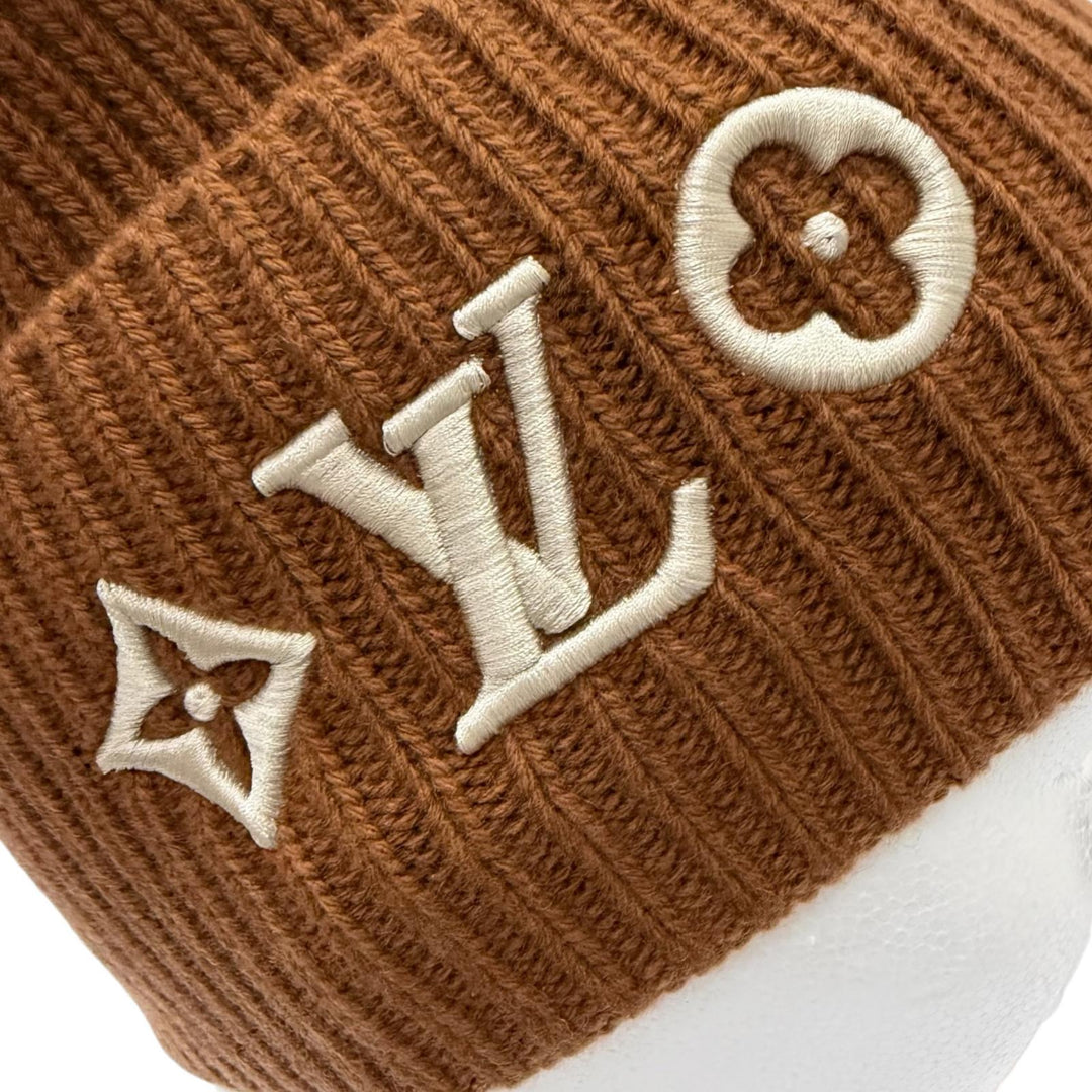 Excellent LOUIS VUITTON Knit cap Beanie LV Headline Monogram Flower Embroidery