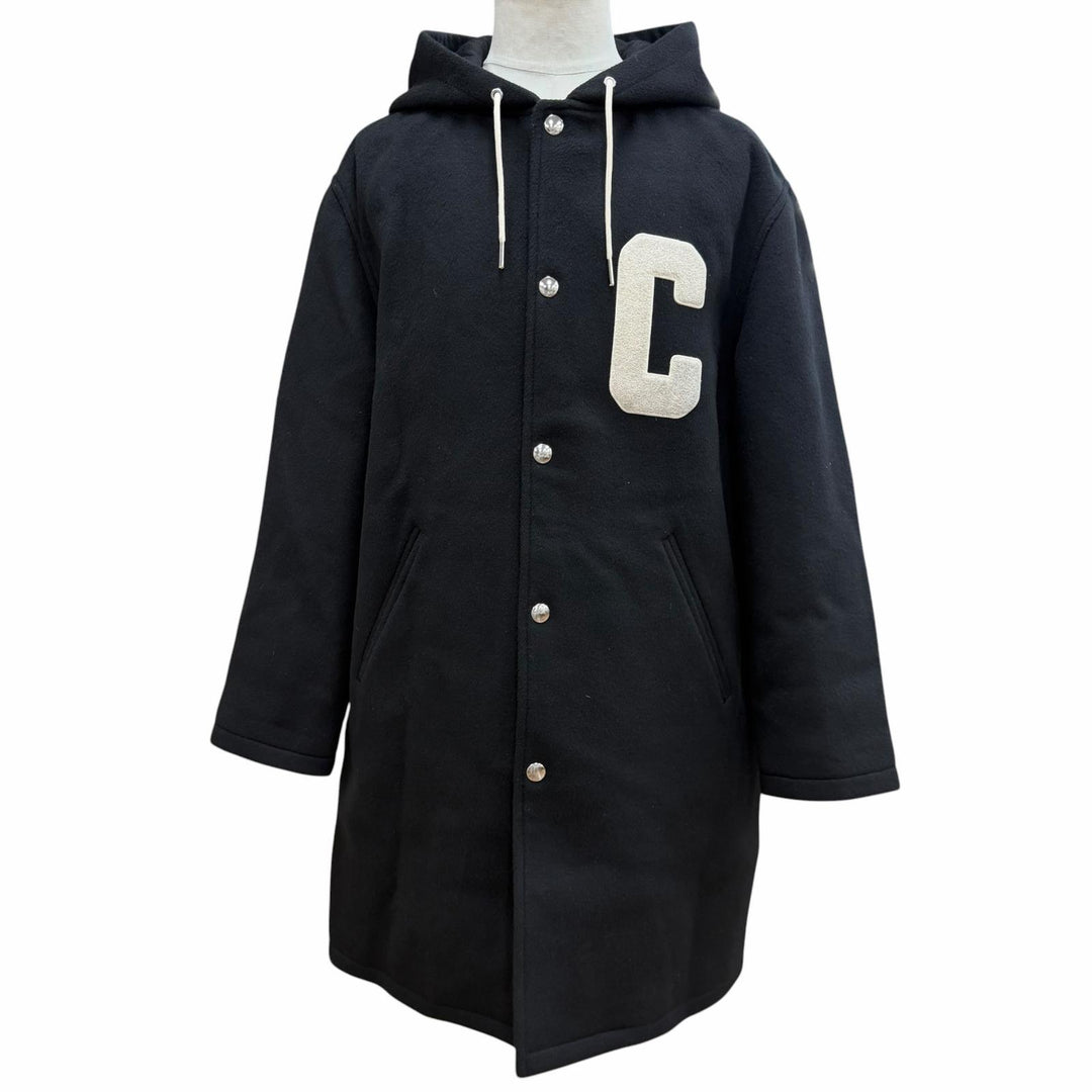 Great CELINE coat Hooded College Logo black wool mens 44 RV03U1025