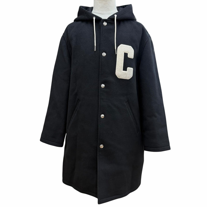Great CELINE coat Hooded College Logo black wool mens 44 RV03U1025