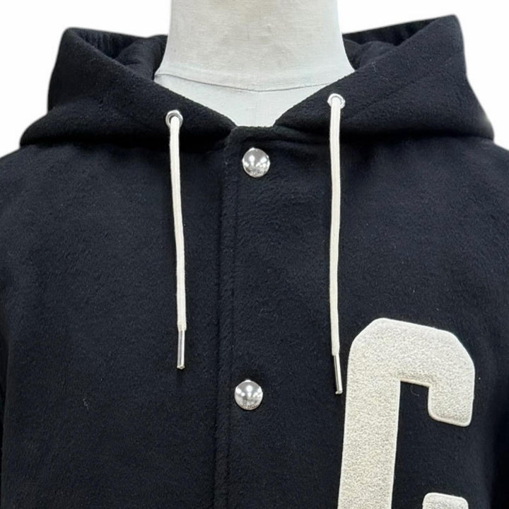 Great CELINE coat Hooded College Logo black wool mens 44 RV03U1025