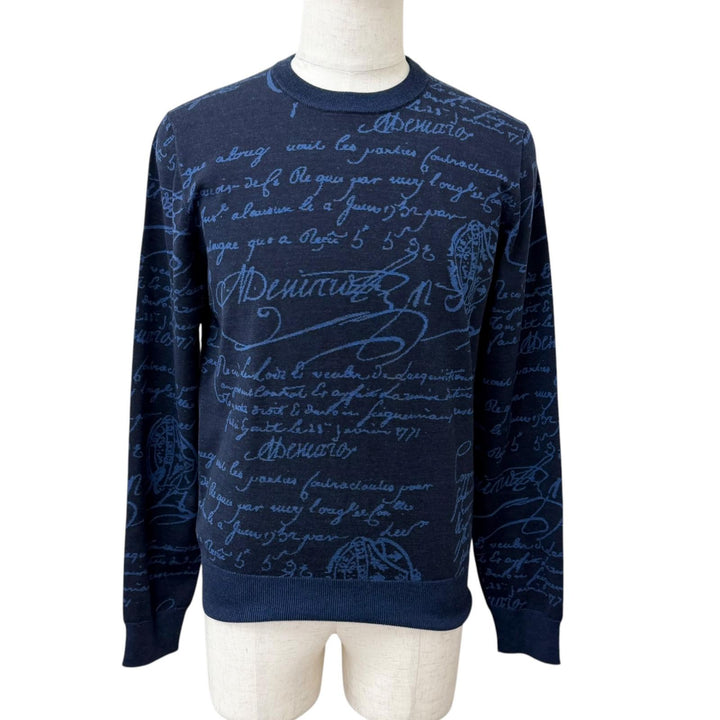 Excellent BERLUTI sweater Wool Scritto Crewneck Sweater Calligraphy Navy wool