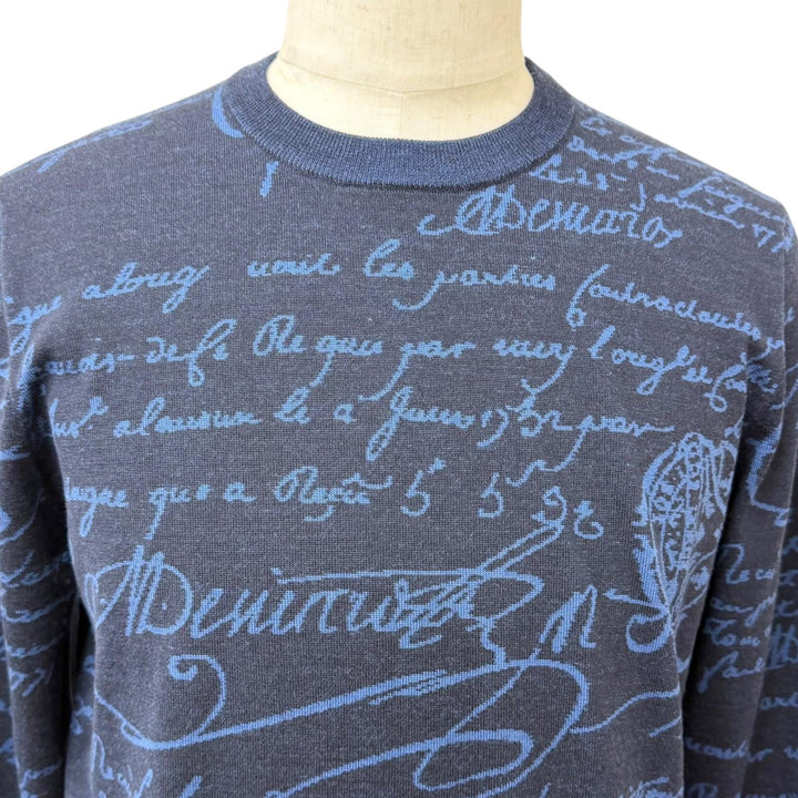Excellent BERLUTI sweater Wool Scritto Crewneck Sweater Calligraphy Navy wool