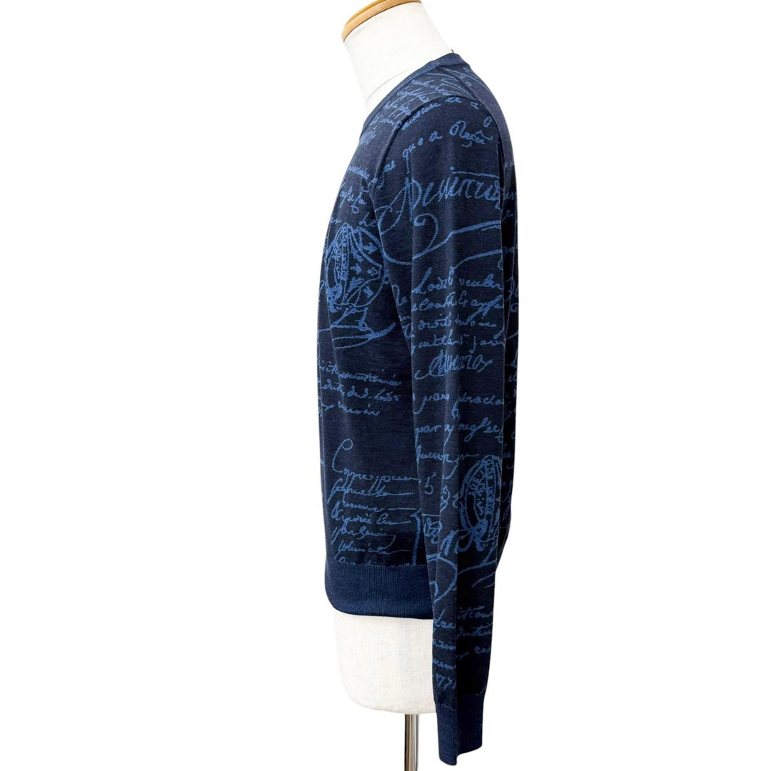 Excellent BERLUTI sweater Wool Scritto Crewneck Sweater Calligraphy Navy wool