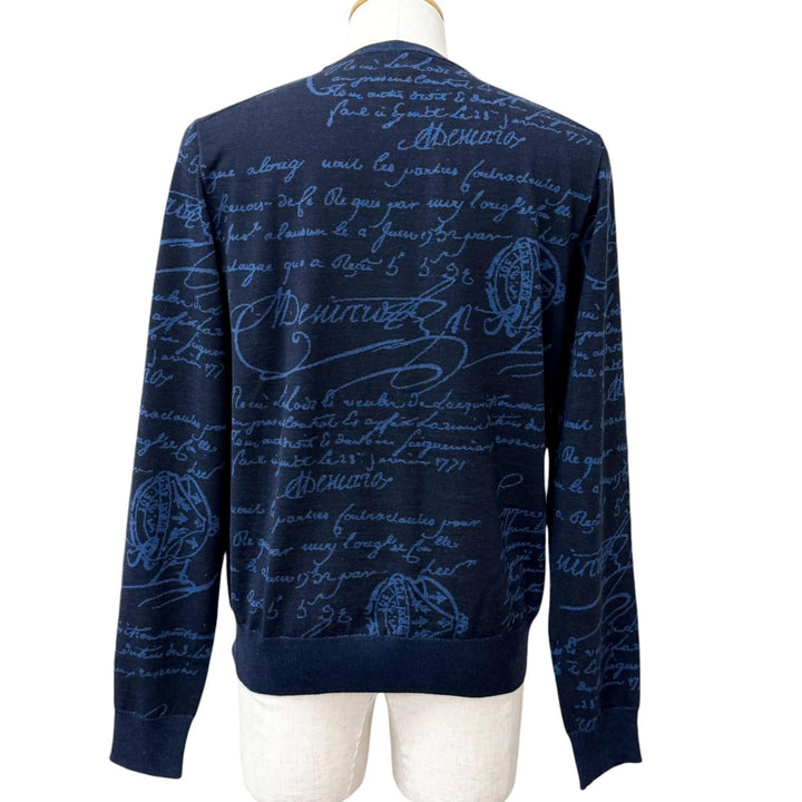 Excellent BERLUTI sweater Wool Scritto Crewneck Sweater Calligraphy Navy wool