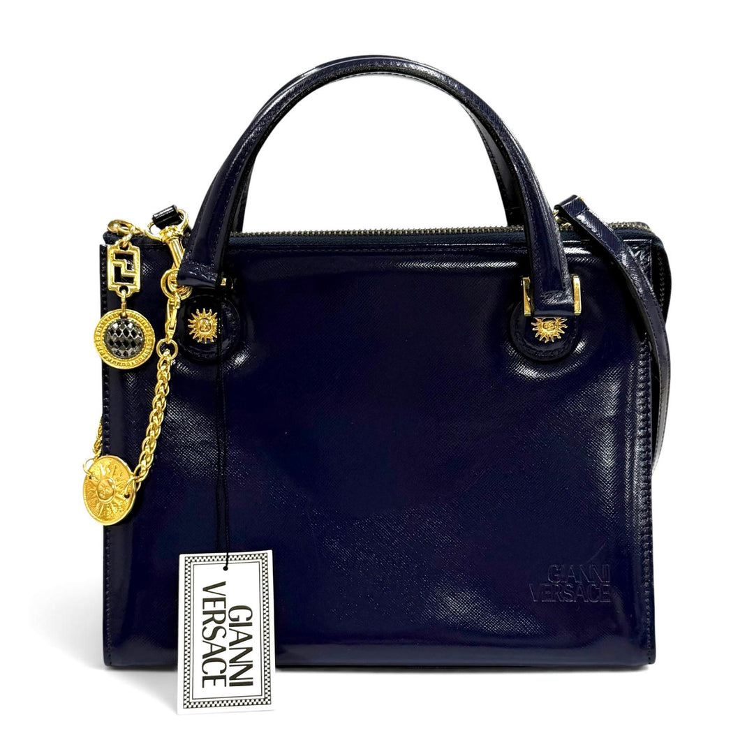 Pristine Gianni Versace Handbag Sunburst Chain Embellished 2-Way Leather