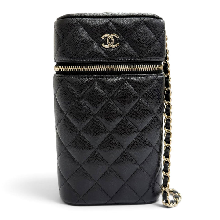 Excellent CHANEL Shoulder Bag Matelassé Vanity Phone Bag Chain black Caviar