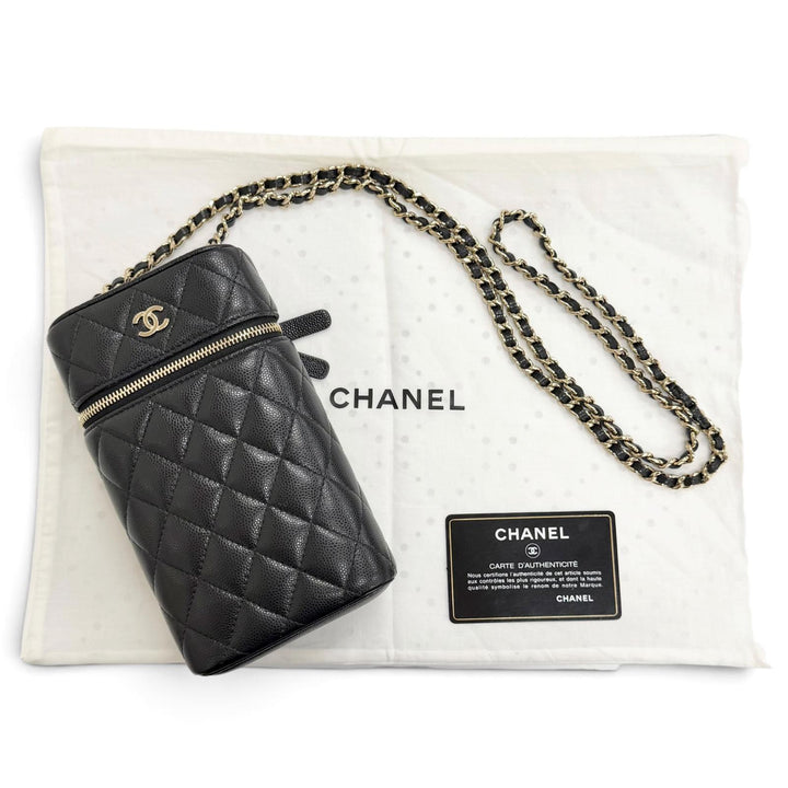 Excellent CHANEL Shoulder Bag Matelassé Vanity Phone Bag Chain black Caviar