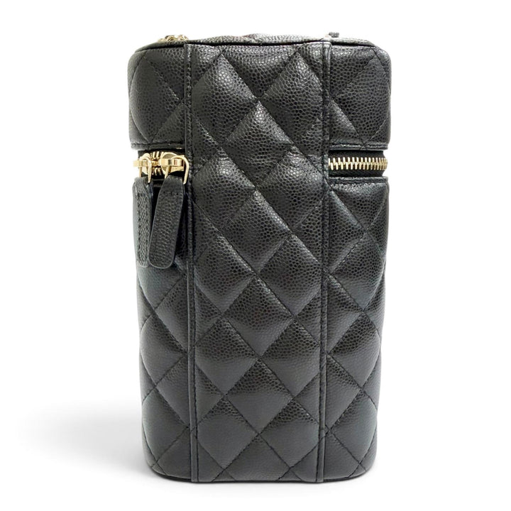 Excellent CHANEL Shoulder Bag Matelassé Vanity Phone Bag Chain black Caviar
