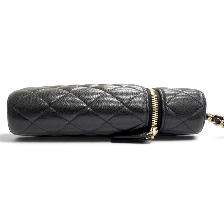 Excellent CHANEL Shoulder Bag Matelassé Vanity Phone Bag Chain black Caviar