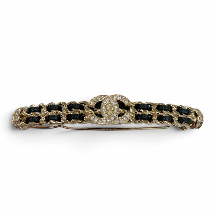 Excellent CHANEL Valletta COCO Mark Rhinestone Leather Hair Accessory gold B21B