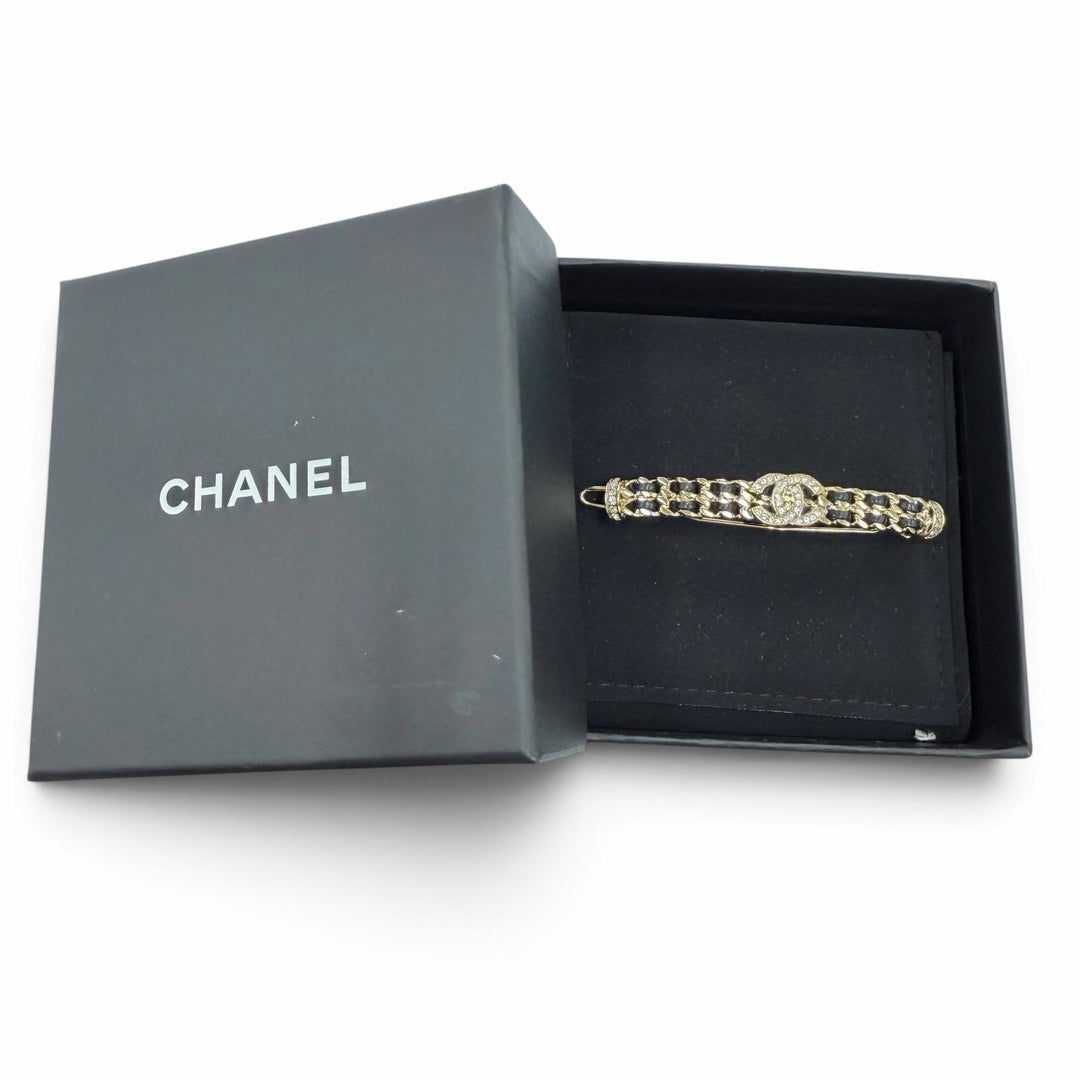 Excellent CHANEL Valletta COCO Mark Rhinestone Leather Hair Accessory gold B21B