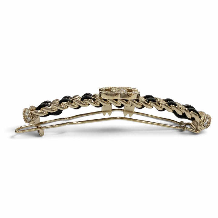 Excellent CHANEL Valletta COCO Mark Rhinestone Leather Hair Accessory gold B21B