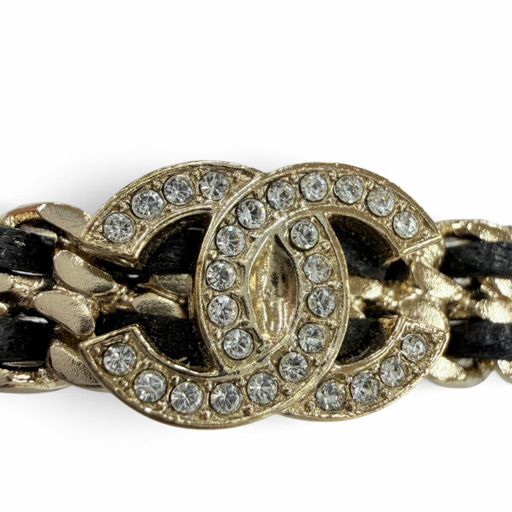 Excellent CHANEL Valletta COCO Mark Rhinestone Leather Hair Accessory gold B21B