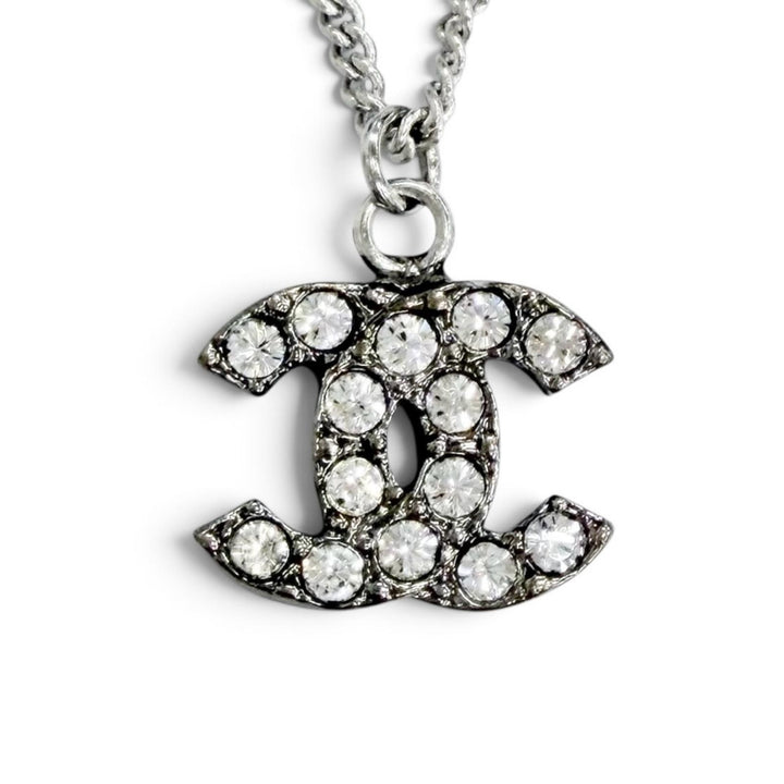 Excellent CHANEL Necklace COCO Mark rhinestone Silver ー Women 06P