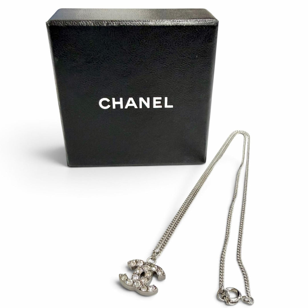 Excellent CHANEL Necklace COCO Mark rhinestone Silver ー Women 06P