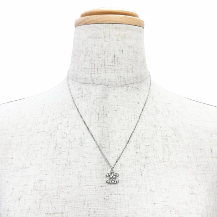 Excellent CHANEL Necklace COCO Mark rhinestone Silver ー Women 06P