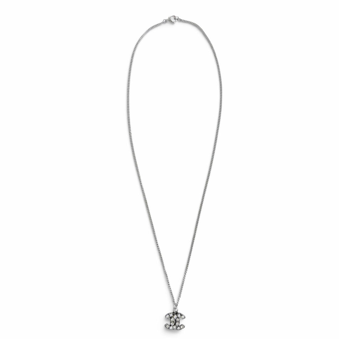 Excellent CHANEL Necklace COCO Mark rhinestone Silver ー Women 06P