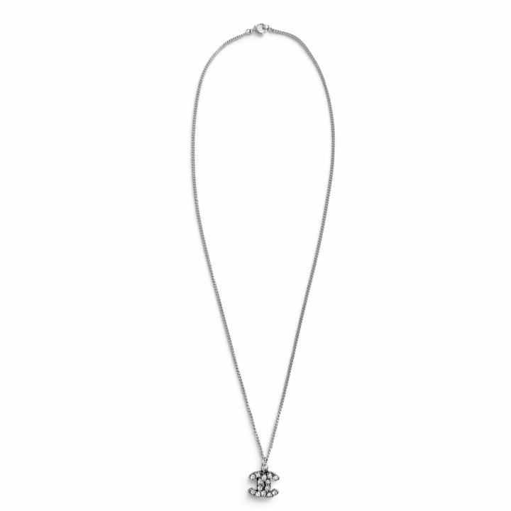 Excellent CHANEL Necklace COCO Mark rhinestone Silver ー Women 06P