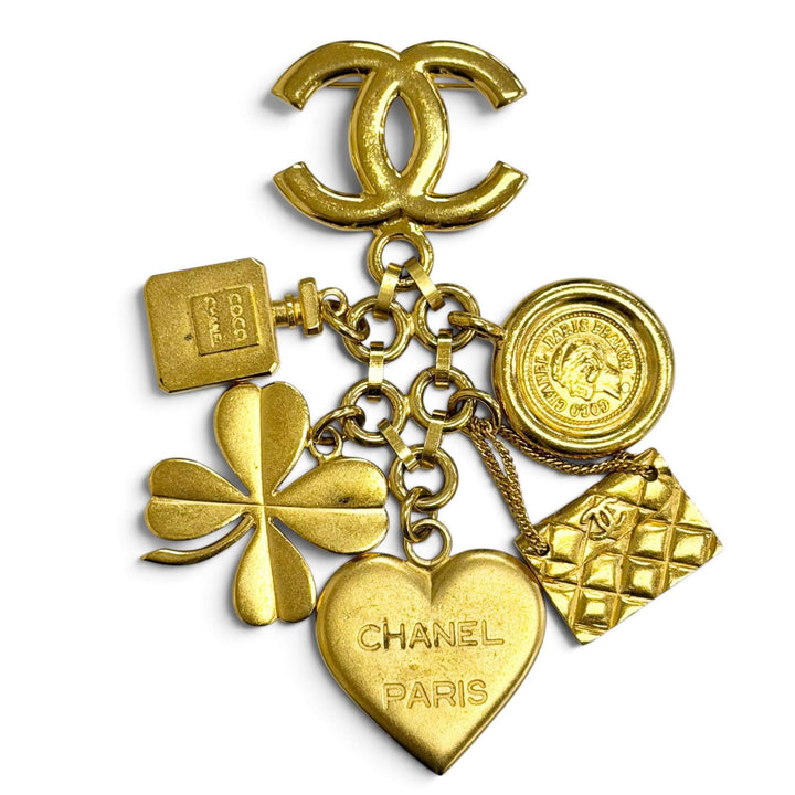 Great CHANEL Brooch COCO Mark Clover Perfume Bottle Logo Heart Coin Motif 96P