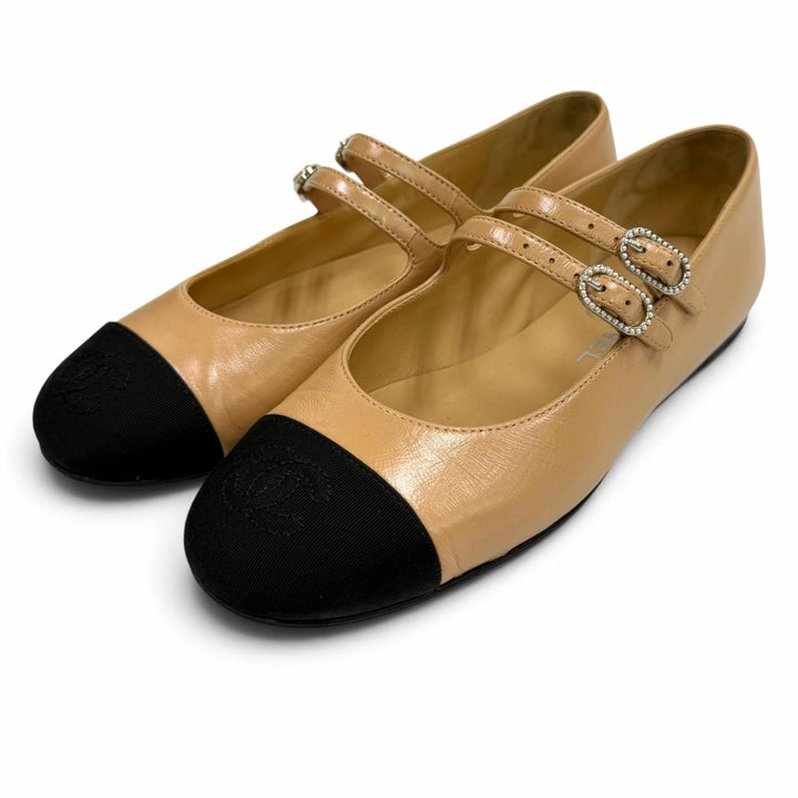 Great CHANEL pumps COCO Mark Mary Jane Leather Flats beige leather 35.5 G45697