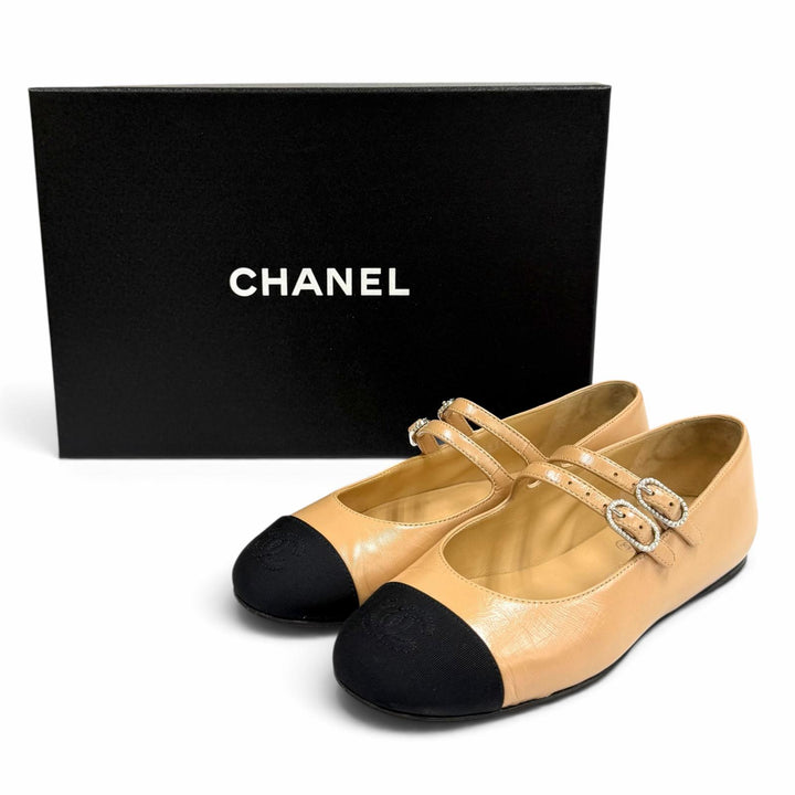Great CHANEL pumps COCO Mark Mary Jane Leather Flats beige leather 35.5 G45697