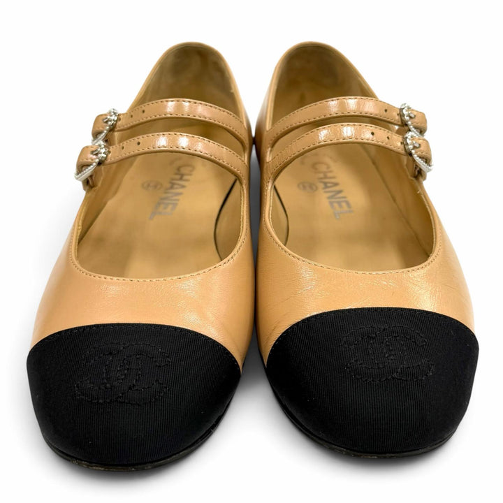 Great CHANEL pumps COCO Mark Mary Jane Leather Flats beige leather 35.5 G45697