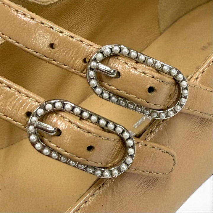 Great CHANEL pumps COCO Mark Mary Jane Leather Flats beige leather 35.5 G45697