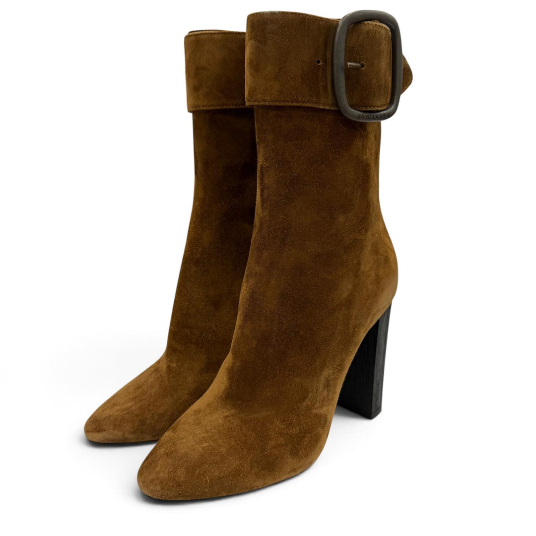 Excellent SAINT LAURENT short boots Side zip belt, suede leather Brown 38 529331
