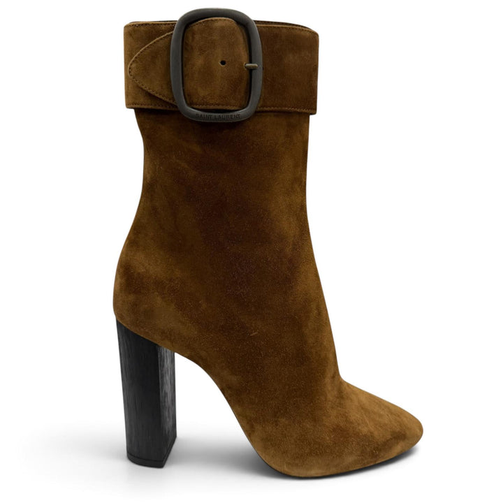 Excellent SAINT LAURENT short boots Side zip belt, suede leather Brown 38 529331