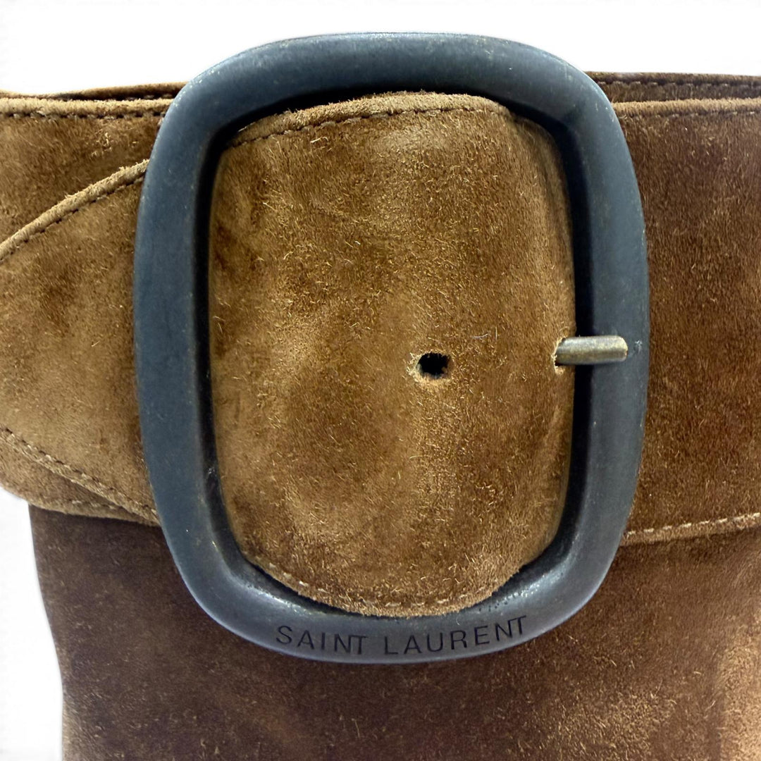 Excellent SAINT LAURENT short boots Side zip belt, suede leather Brown 38 529331