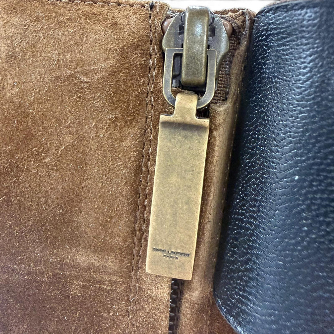 Excellent SAINT LAURENT short boots Side zip belt, suede leather Brown 38 529331