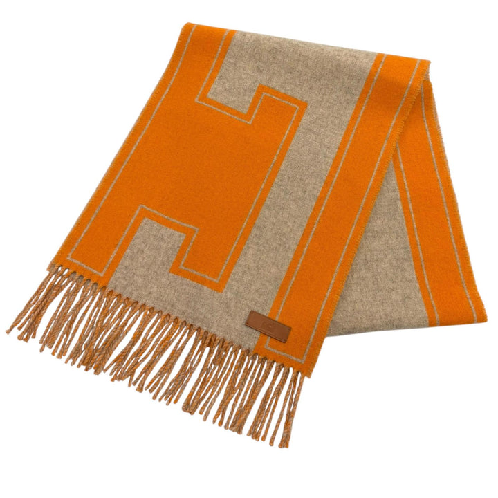 Excellent HERMES Scarf Muffler Cre Do H Leather logo patch with fringe cashmere