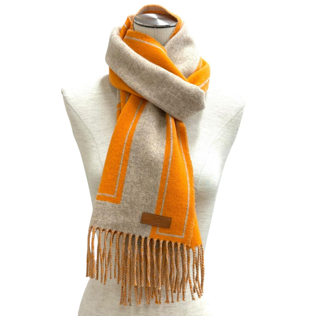 Excellent HERMES Scarf Muffler Cre Do H Leather logo patch with fringe cashmere