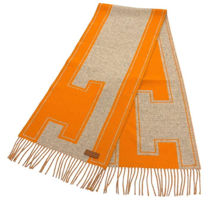 Excellent HERMES Scarf Muffler Cre Do H Leather logo patch with fringe cashmere